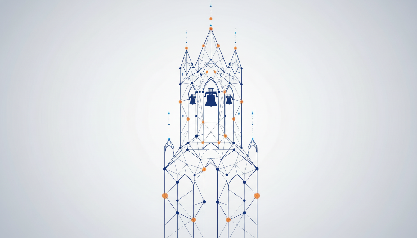 Artistic wireframe rendering of a Salamanca cathedral bell tower with pointed spires, arched windows, and three visible bells in the central chamber, overlaid with blue geometric mesh network lines and orange glowing nodes, on a light gray gradient background.