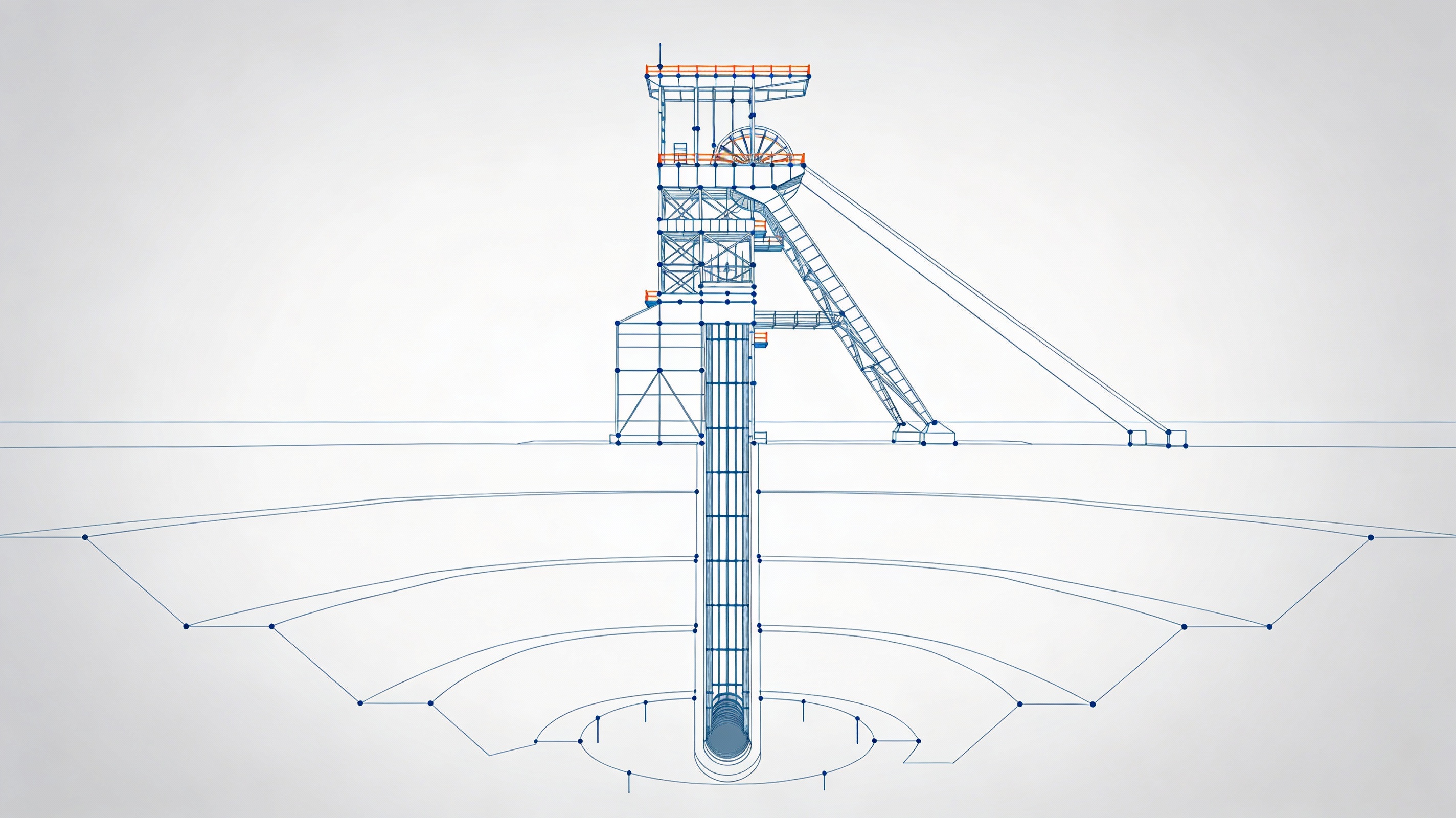 Technical blueprint-style diagram of a mine headframe and shaft infrastructure, featuring a tall central tower with pulleys and machinery at the top, an inclined conveyor ramp, surrounding platforms, and a vertical shaft extending into a conical underground excavation, rendered in blue wireframe lines with orange highlights on a gray background