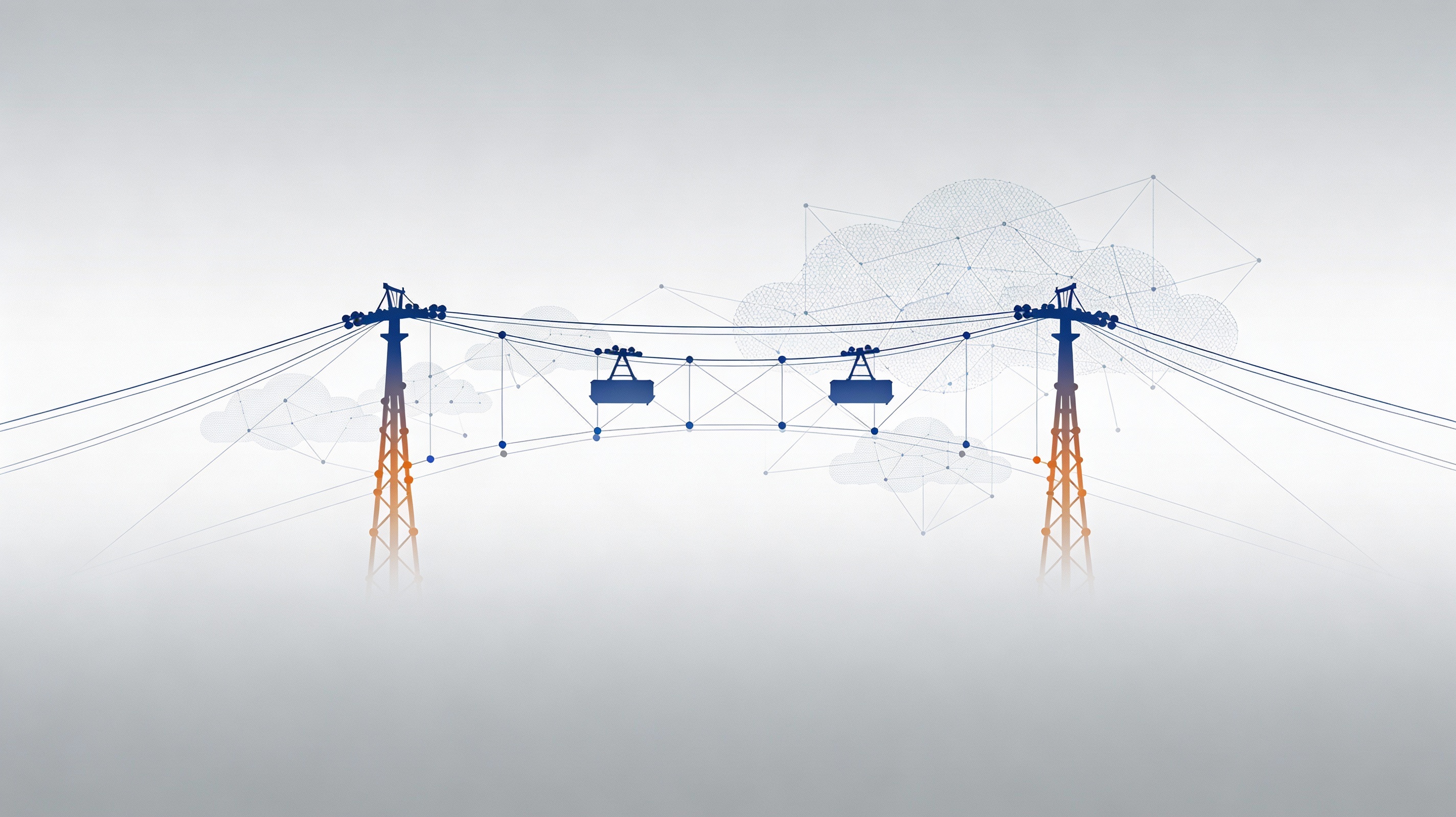 Digital wireframe rendering of a cable car system with two tall support towers connected by overhead cables supporting two enclosed passenger cabins mid-span, overlaid with blue mesh network lines and stylized clouds symbolizing digital connectivity, highlighted in orange accents on a gradient gray background.