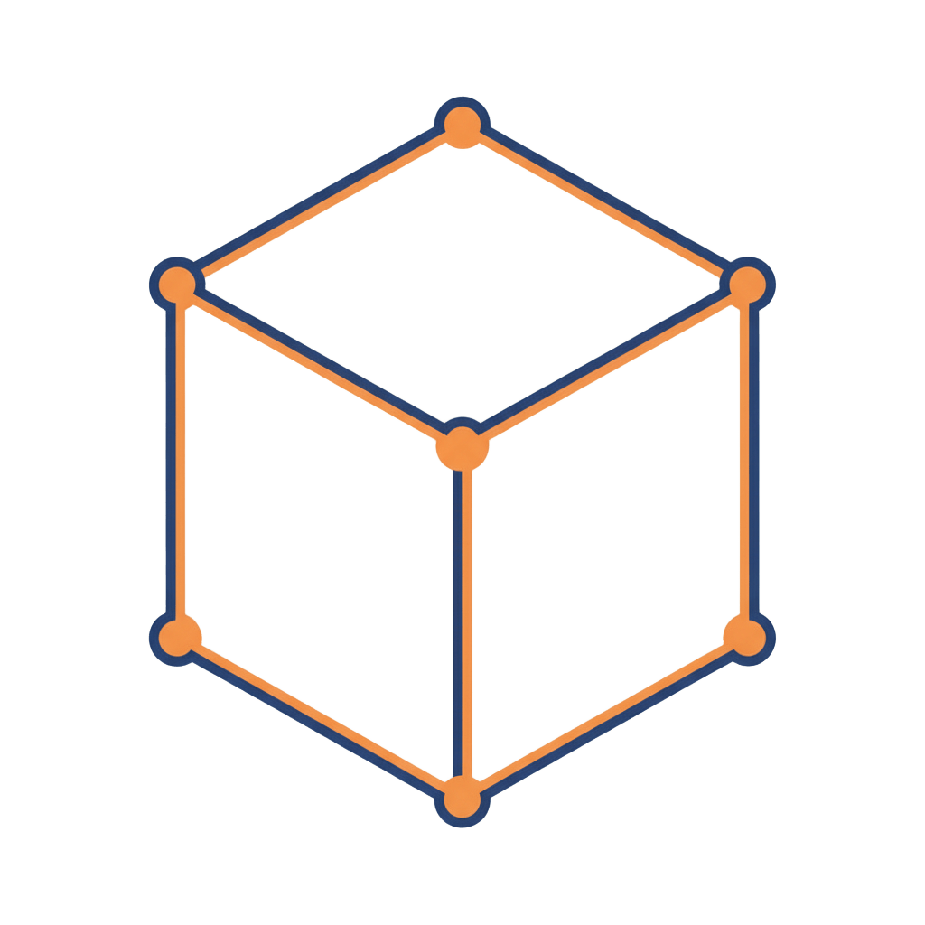 A minimalist icon of a 3D cube depicted as an orange wireframe outline with orange dots at vertices on a transparent background.