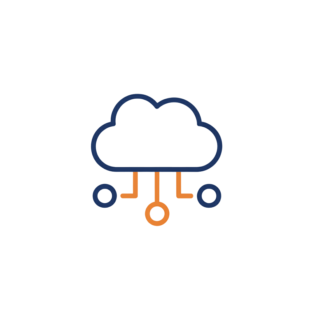 A stylized cloud computing icon featuring a white cloud outlined in navy blue, with three orange connection nodes extending downward via navy lines, on a transparent background.