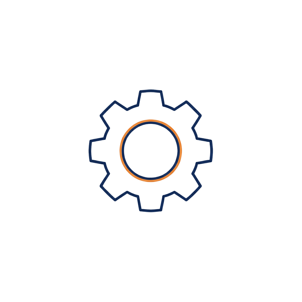 A simple line art icon of a gear or cogwheel, outlined in navy blue with an orange inner ring and central circle, on a transparent background.