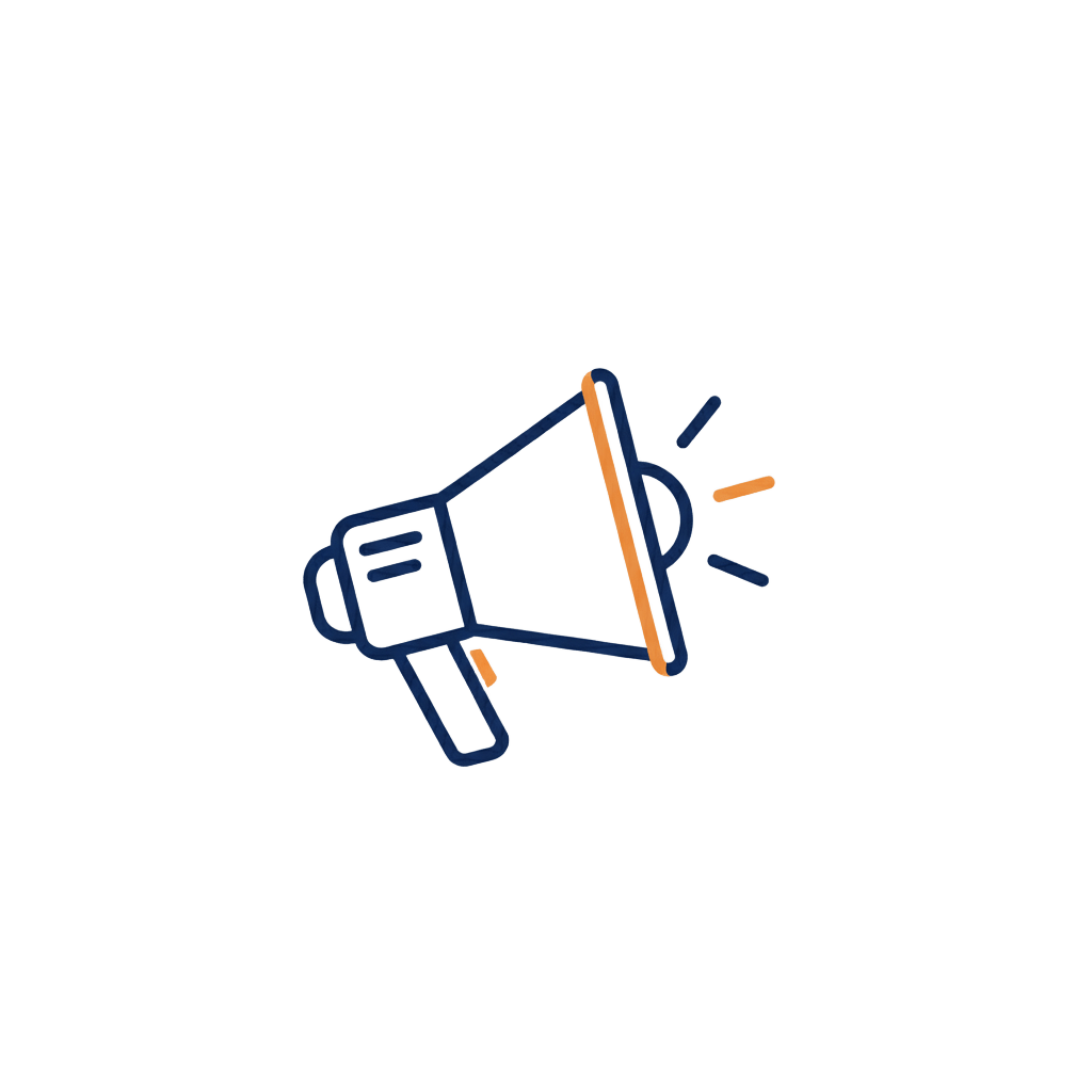 A minimalist line drawing of a megaphone icon in navy blue outline with orange accents on the handle, rim, and radiating sound waves, set against a transparent background.
