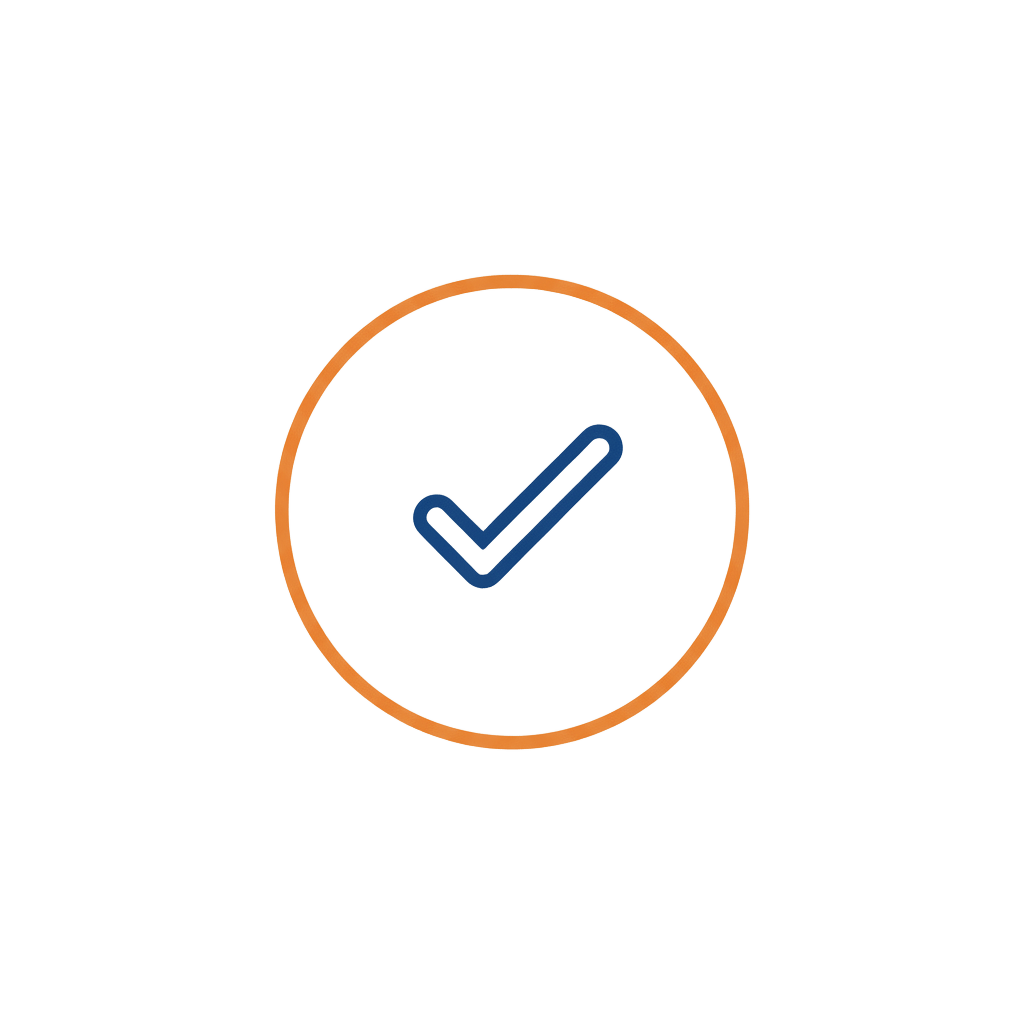 A circular checkmark icon with a navy blue tick inside an orange ring, outlined in navy blue, on a transparent background.