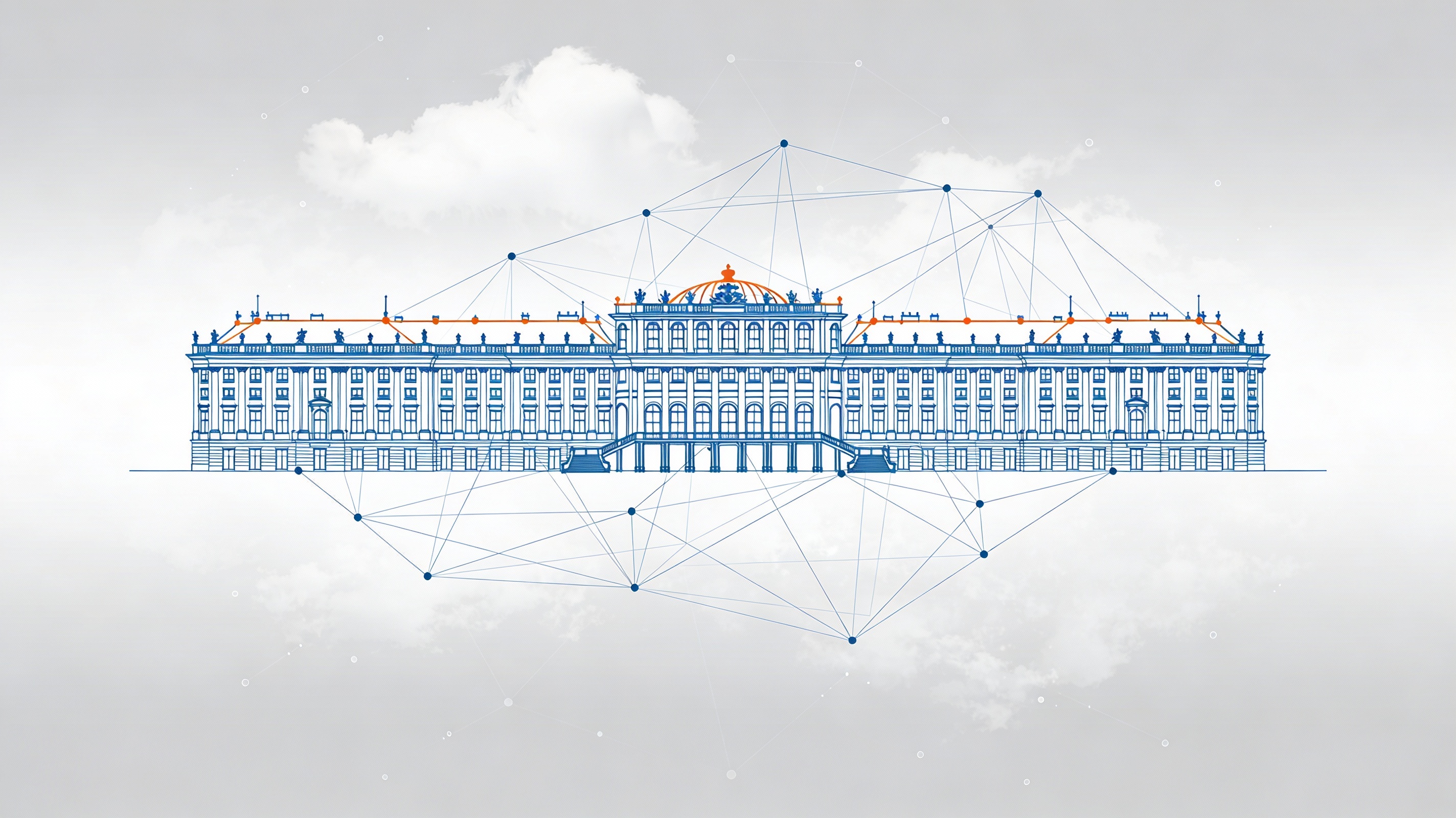 Digital rendering of the High Castle (Hochosterreich) in Vienna, Austria, a Baroque palace with central dome and extended wings, overlaid with blue wireframe digital twin network lines and floating cloud elements symbolizing data connectivity, on a light gray background.