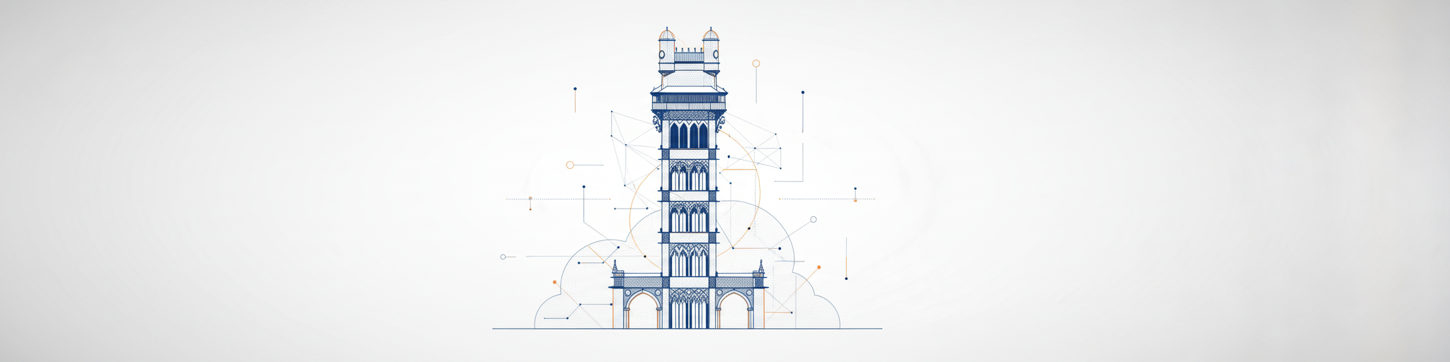 Digital illustration of the Santa Justa Elevator (Elevador de Santa Justa) in Lisbon, Portugal, a neo-Gothic iron tower with arched base, multi-tiered structure, minarets, and viewing platform, overlaid with abstract blue wireframe nodes, lines, and orange geometric patterns representing a digital twin model, on a light gray background.