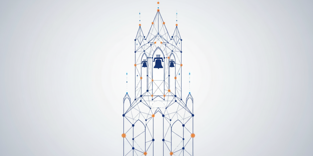 Artistic wireframe rendering of a Salamanca cathedral bell tower with pointed spires, arched windows, and three visible bells in the central chamber, overlaid with blue geometric mesh network lines and orange glowing nodes, on a light gray gradient background.