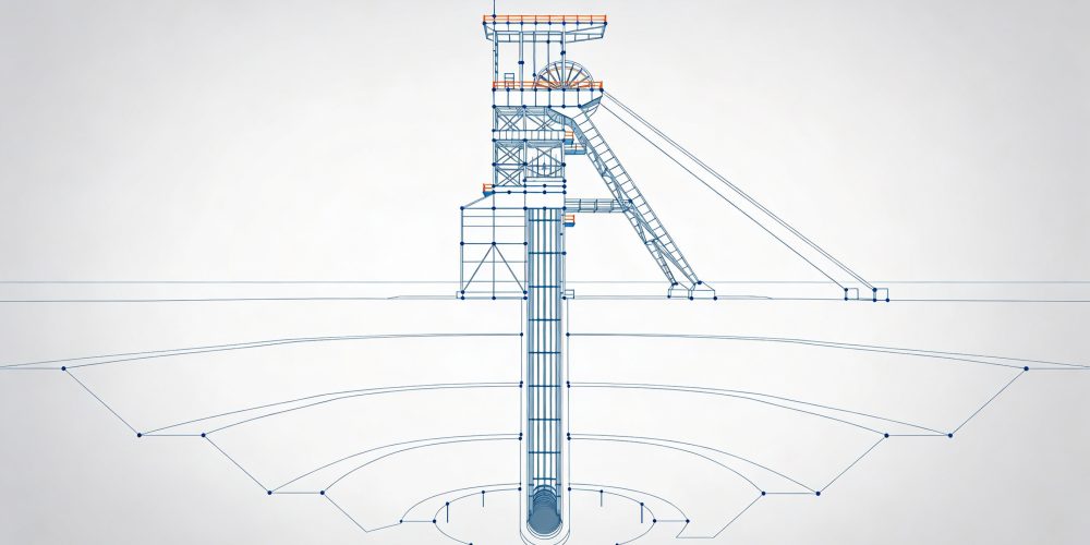 Technical blueprint-style diagram of a mine headframe and shaft infrastructure, featuring a tall central tower with pulleys and machinery at the top, an inclined conveyor ramp, surrounding platforms, and a vertical shaft extending into a conical underground excavation, rendered in blue wireframe lines with orange highlights on a gray background
