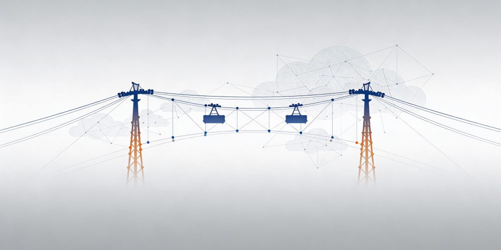 Digital wireframe rendering of a cable car system with two tall support towers connected by overhead cables supporting two enclosed passenger cabins mid-span, overlaid with blue mesh network lines and stylized clouds symbolizing digital connectivity, highlighted in orange accents on a gradient gray background.