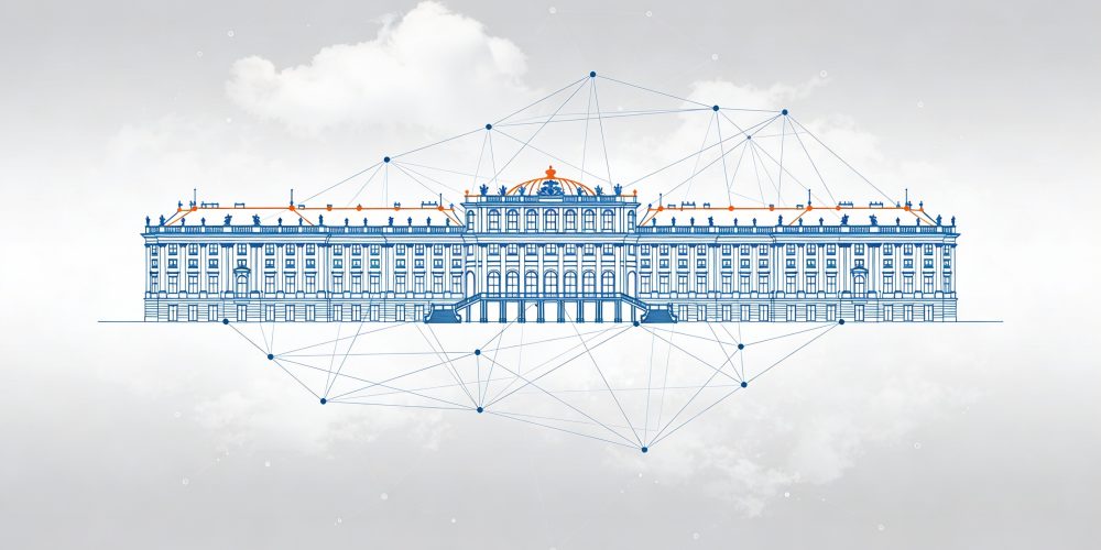 Digital rendering of the High Castle (Hochosterreich) in Vienna, Austria, a Baroque palace with central dome and extended wings, overlaid with blue wireframe digital twin network lines and floating cloud elements symbolizing data connectivity, on a light gray background.