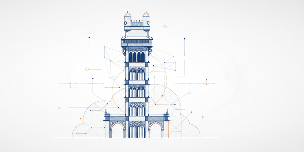Digital illustration of the Santa Justa Elevator (Elevador de Santa Justa) in Lisbon, Portugal, a neo-Gothic iron tower with arched base, multi-tiered structure, minarets, and viewing platform, overlaid with abstract blue wireframe nodes, lines, and orange geometric patterns representing a digital twin model, on a light gray background.